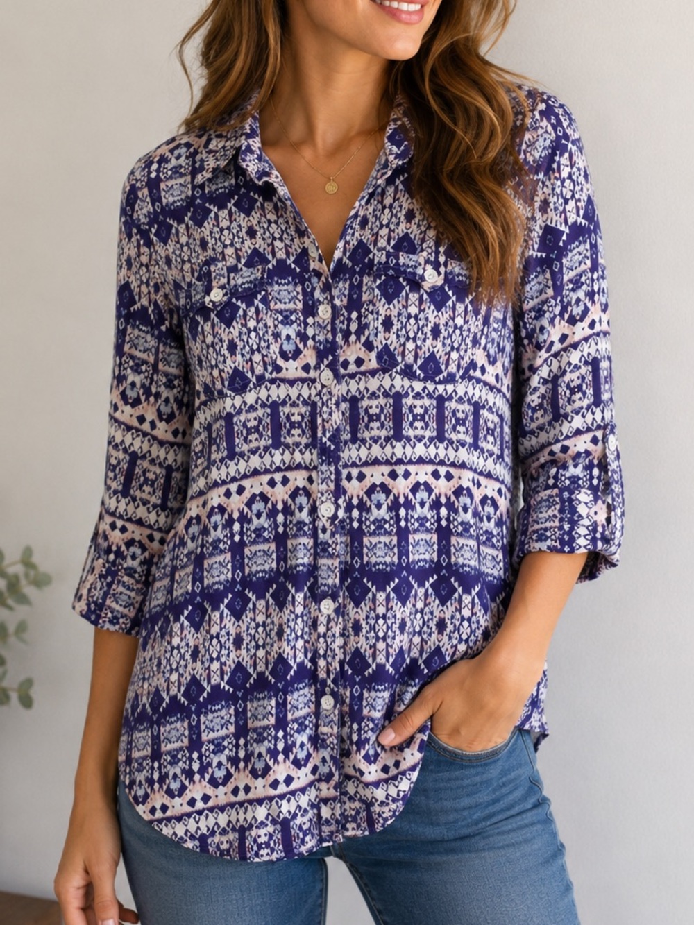 FDJ French Dressing Jeans Paisley Button Down Blouse Top Size 6 Purple Pink